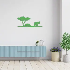 plaque murale metal scene arbre elephant vert salon