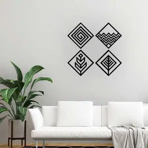 plaque murale en métal en forme de 4 losanges noir dans le salon